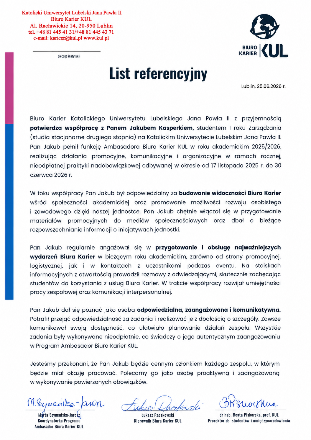 List referencyjny — Biuro Karier KUL